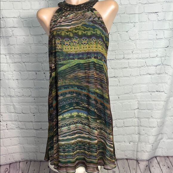 Multicolor Chiffon Beaded Halter Neck Dress Size 8 in Peacock colors - Picture 1 of 6